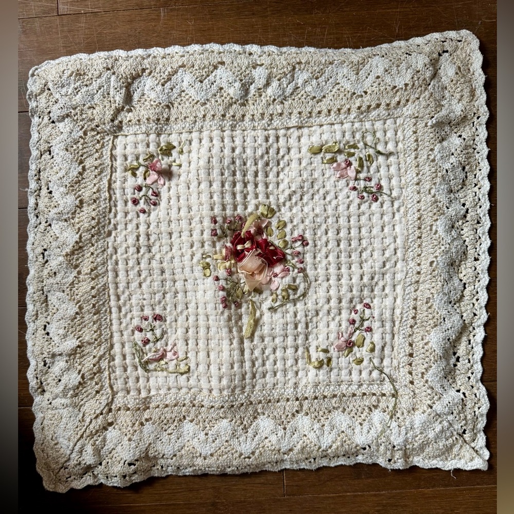Vintage Pink and White Floral Pillow Cover with Lace Trim